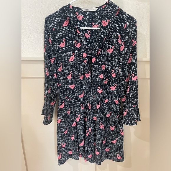 Zara Black Pink Swan Pleated Romper with Pockets Size Medium - Picture 5 of 13